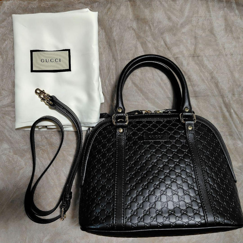 Gucci Micro Shima 2-Way Handbag Shoulder Bag Black Leather Embossed Gg