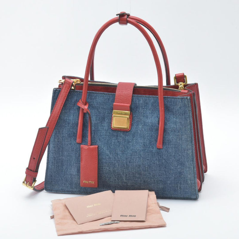 Miu Miu Denim 2WAY Handbag Crossbody Shoulder Bag Denim Leather Indigo Red