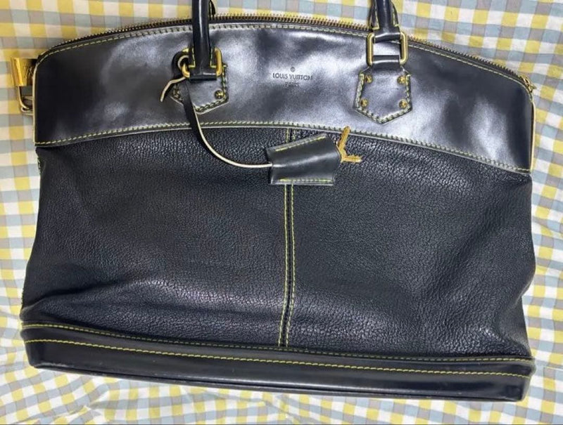 Louis Vuitton Lockit M91875 Handbag Tote Black Leather Yellow Stitching Key