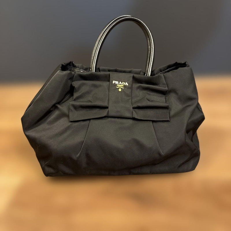 Prada Ribbon Handbag Black Leather Metal Hardware Shoulder Bag