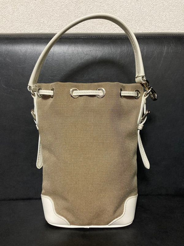 Prada Logo Jacquard Mini Drawstring Bucket Bag Leather Canvas White Beige