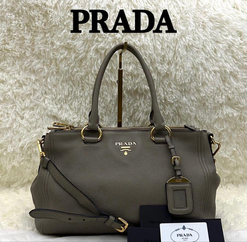 Prada Vitello Daino 2WAY Handbag Shoulder Bag Leather Grey Gold Hardware