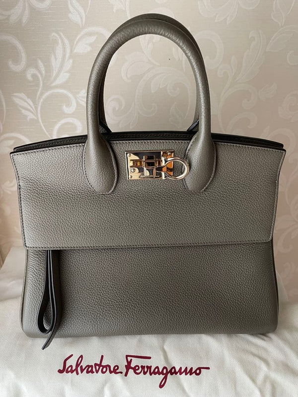 Salvatore Ferragamo Studio Bag Tote Handbag Olive Green Leather