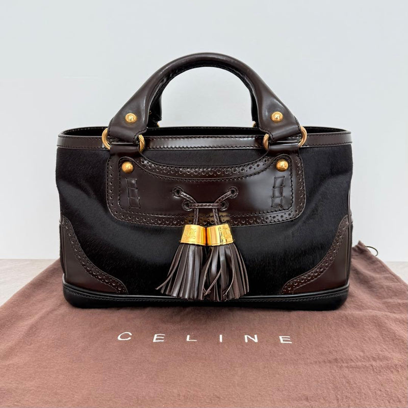Celine Boogie Bag Handbag Pony Hair Fur Leather Dark Brown Gold Hardware