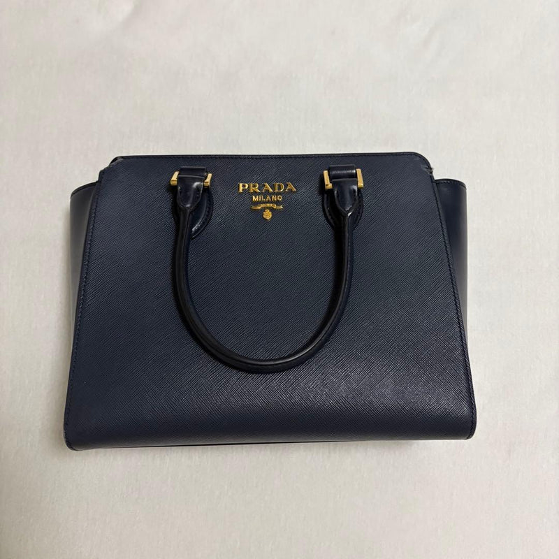 Prada Saffiano Leather 2-Way Hand Shoulder Bag Navy Gold Hardware