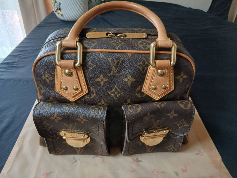 Louis Vuitton Monogram Manhattan Handbag Leather Brown Double Zipper