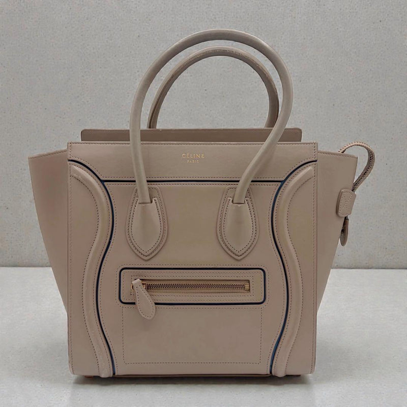 Celine Luggage Micro Shopper Handbag Shoulder Bag Leather Beige Blue
