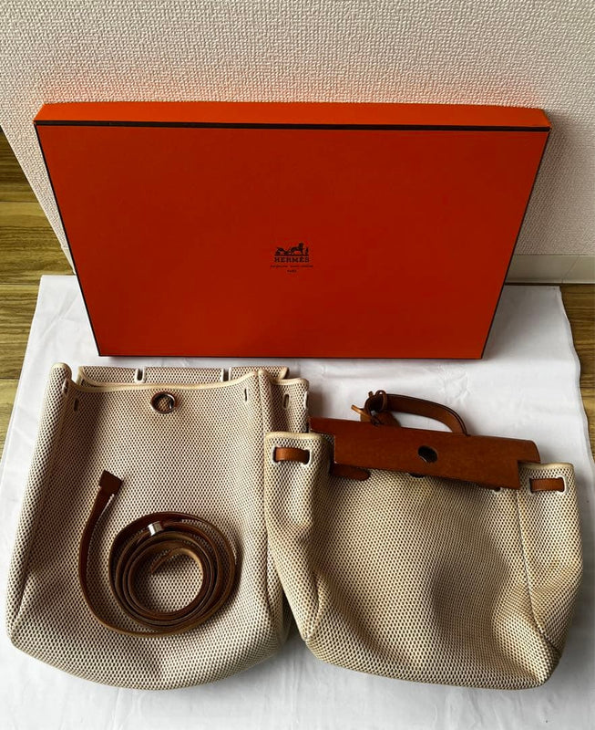 Hermes Herbag 2-Way Handbag Backpack Ivory Light Brown