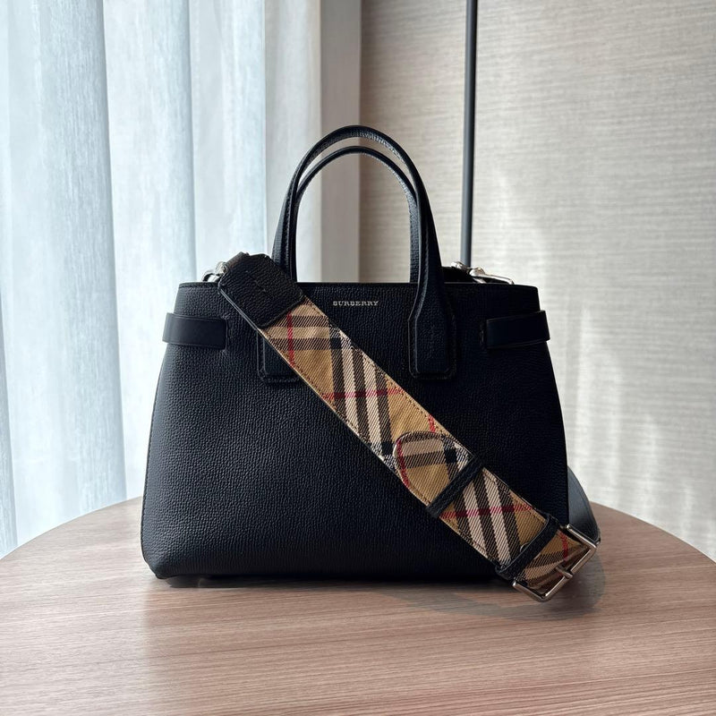 Burberry 2WAY Small Banner Leather Vintage Check Black Handbag Shoulder Bag