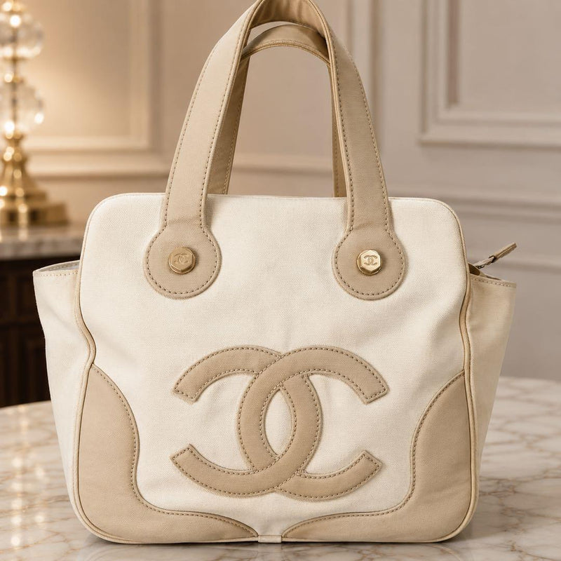 Chanel Marshmallow Coco Mark Handbag Canvas Beige White