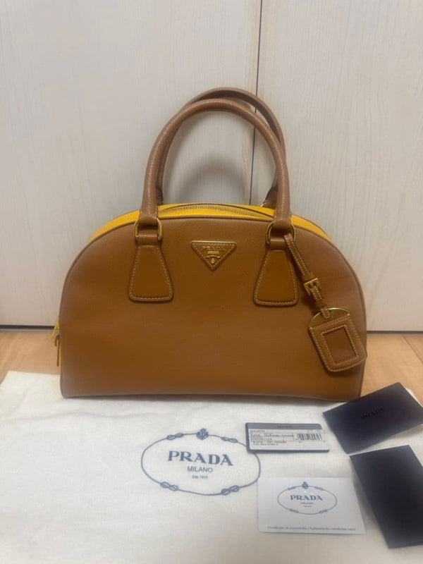 Prada Saffiano Lux Bauletto Handbag Saffiano Leather Caramel Mimosa Bicolor