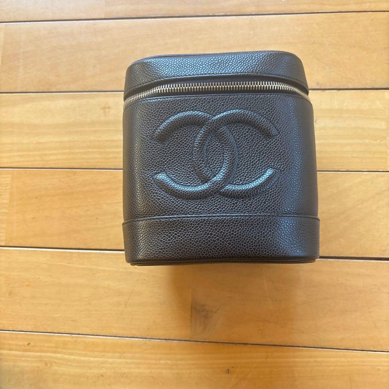 Chanel Vanity Handbag Black Leather Zipper Logo