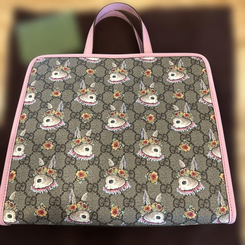 Gucci Higuchi Yuko Rabbit Flower Tote Bag Canvas Leather Gray Pink