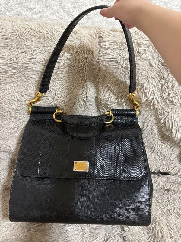 Dolce Gabbana Sicily Handbag Shoulder Bag Black Leather Snakeskin Design