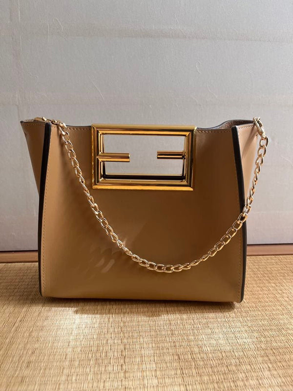 Fendi Way Small Tote Bag Synthetic Leather Beige With Chain Strap Metal