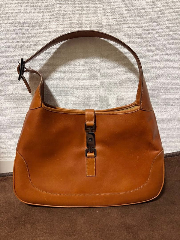 Gucci Jackie Shoulder Bag Leather Brown Camel Piston Closure Hardware