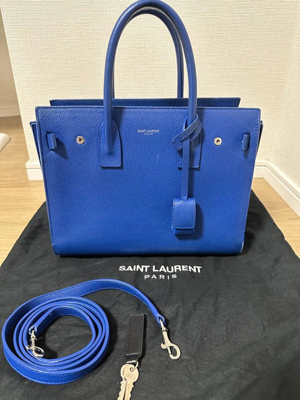 Saint Laurent Sac De Jour Handbag Shoulder Bag Tote Blue Leather