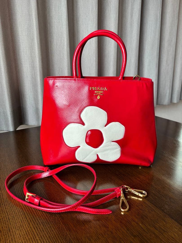 Prada Saffiano Flower Motif 2-way Shoulder Bag Red Leather