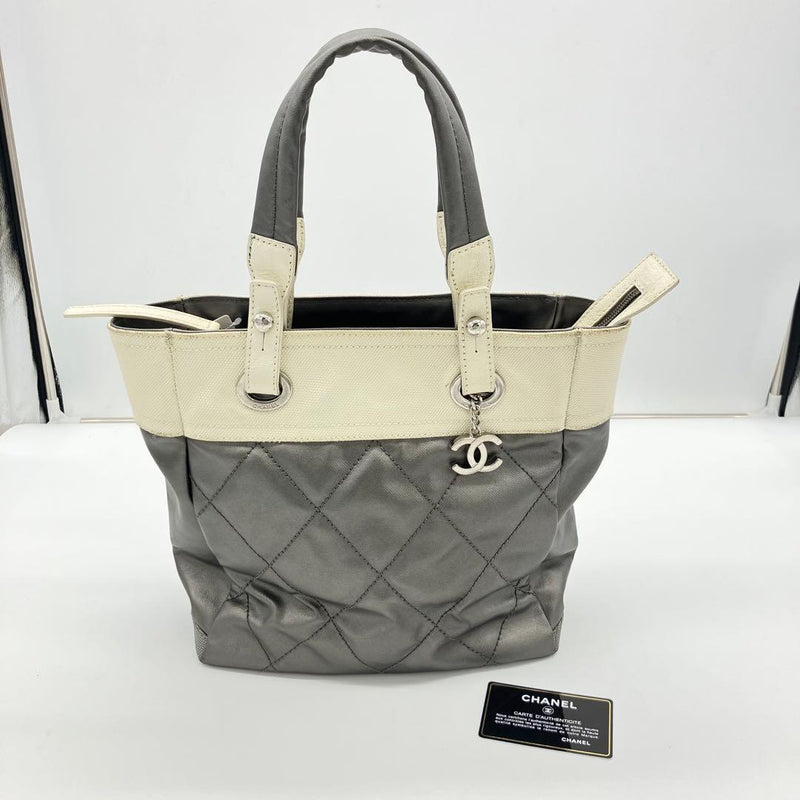 Chanel Paris Biarritz Tote Bag Coated Canvas Leather Metallic Gray Ivory