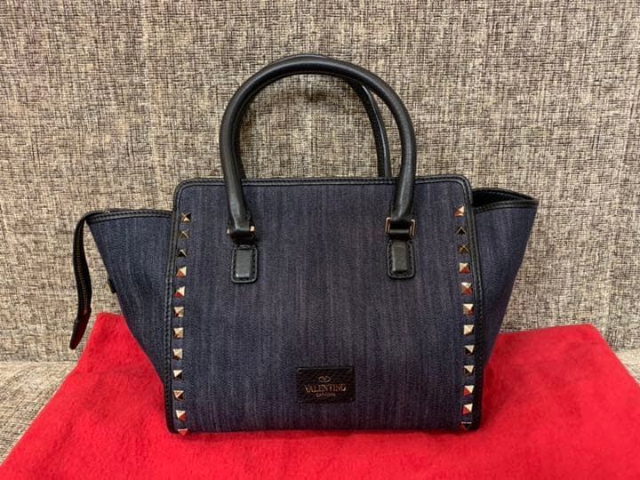 Valentino Rockstud Handbag Shoulder Bag Black Leather Denim