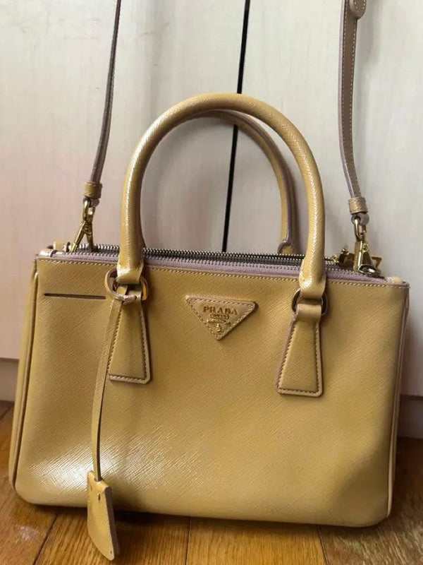 Prada Saffiano 2-Way Handbag Shoulder Crossbody Bag Leather Beige