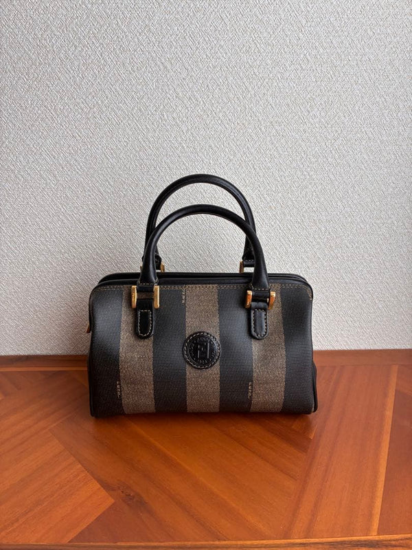 Fendi Pequin Mini Boston Bag Card Case Set Pvc Leather Brown Black Gold Hardware