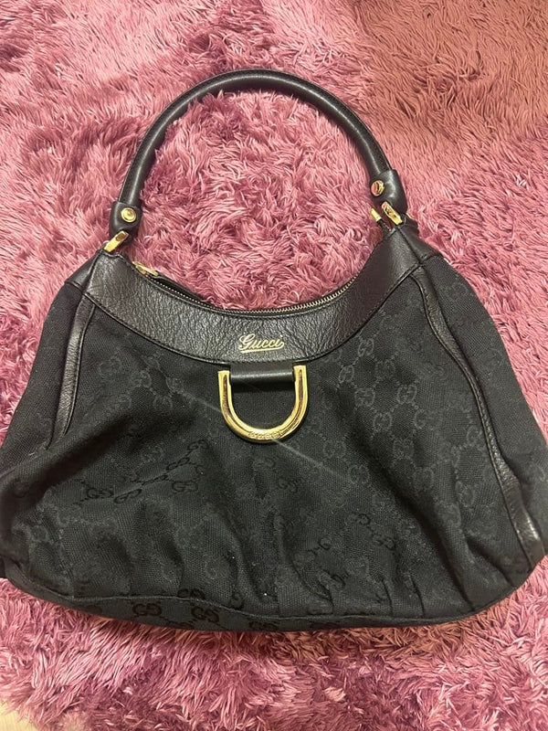 Gucci Handbag Canvas Leather Black Gold Hardware