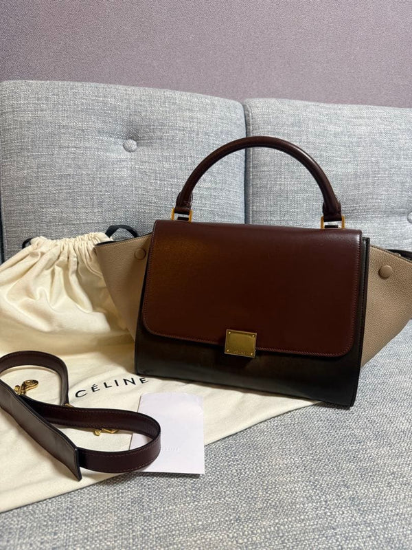 Celine Trapeze Small Handbag Calfskin Brown Dark Brown Bordeaux Gold Hardware