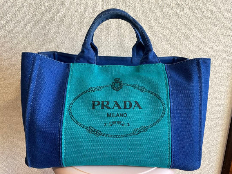Prada Canapa Tote Bag Canvas Two-tone Blue Green Handbag Shoulder Bag