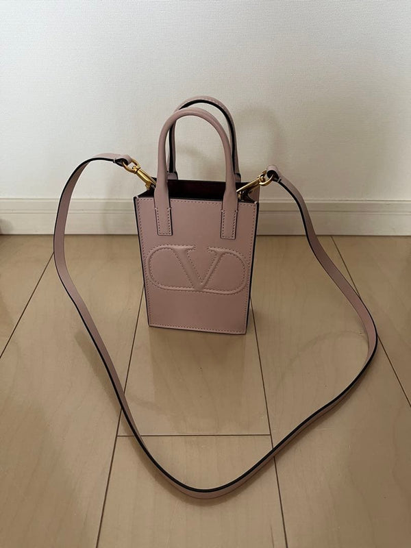 Valentino Square Hand Shoulder Bag Pink Beige Leather