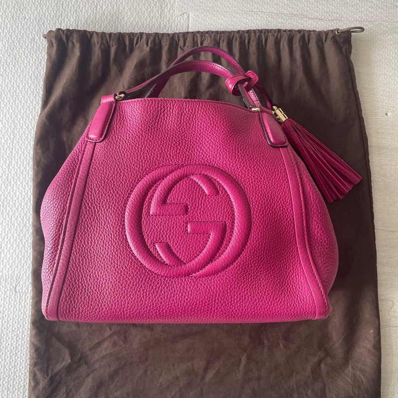 Gucci Soho Handbag Shoulder Bag Pink Leather Logo Embroidered Tassels