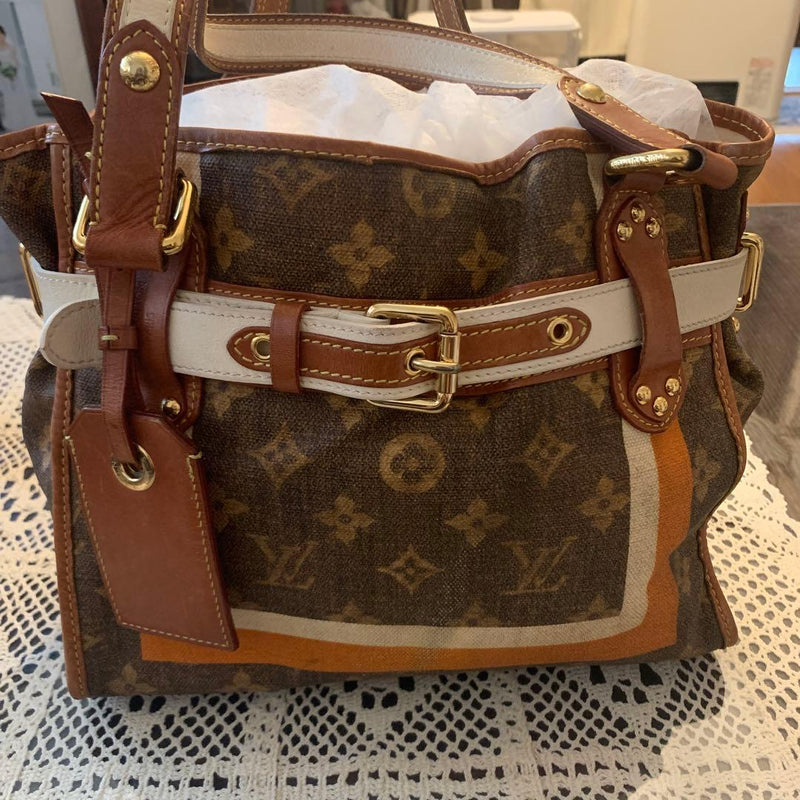 Louis Vuitton Sac Rayures Handbag Canvas Leather Brown White Orange Logo Print