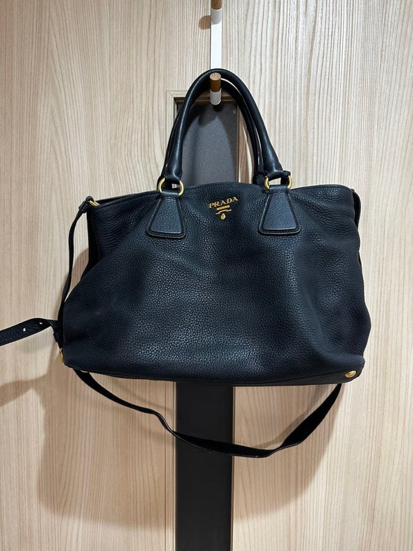 Prada Vit.daino Handbag Tote Bag Black Cowhide Leather