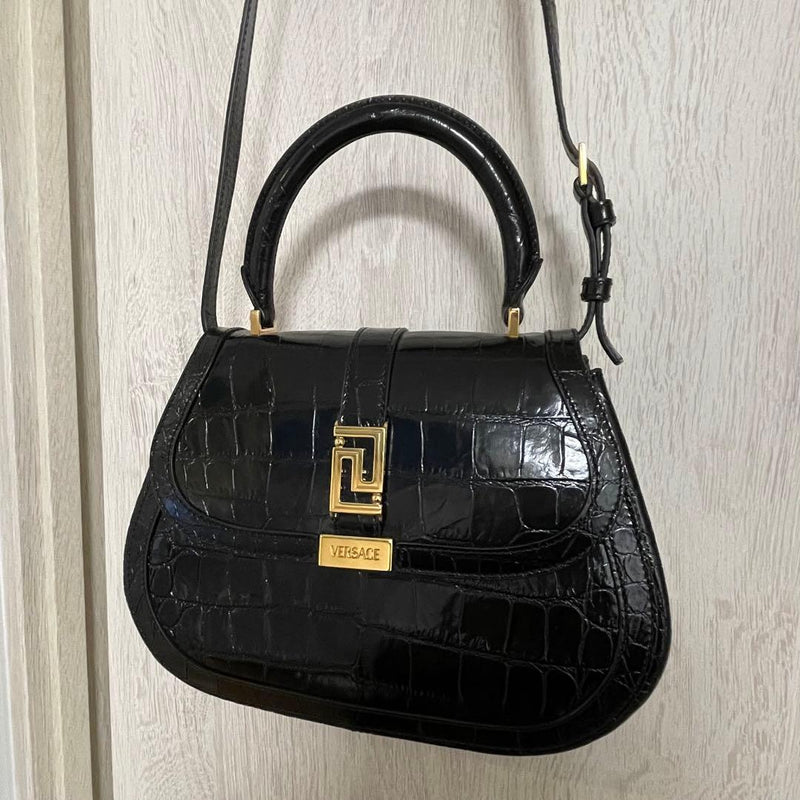 Versace Greca Goddess Medium Shoulder Bag Embossed Crocodile Handbag