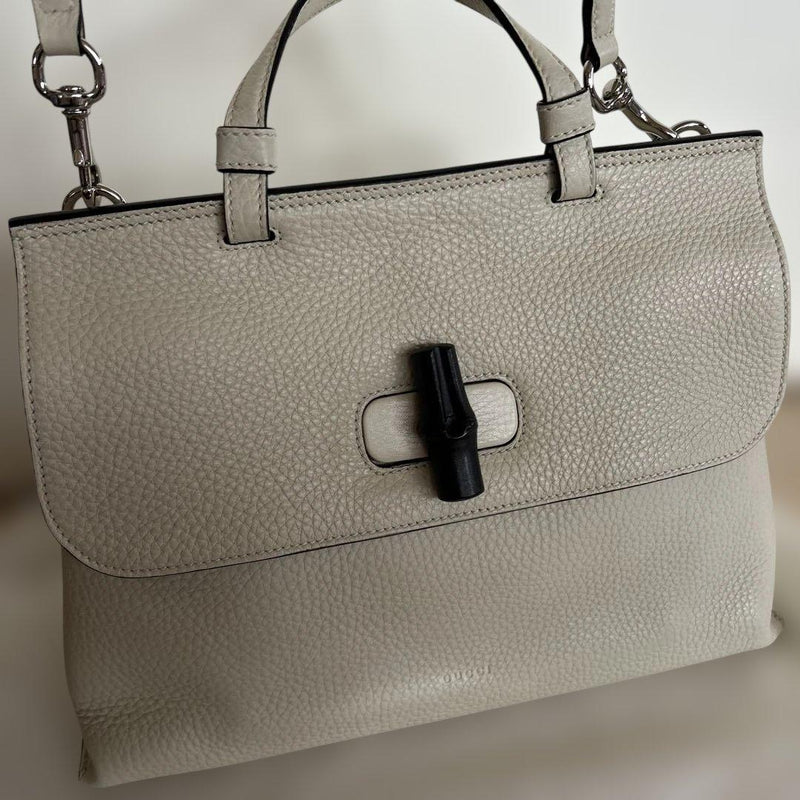 Gucci Bamboo Daily Handbag Tote Mystic White Leather Shoulder Bag