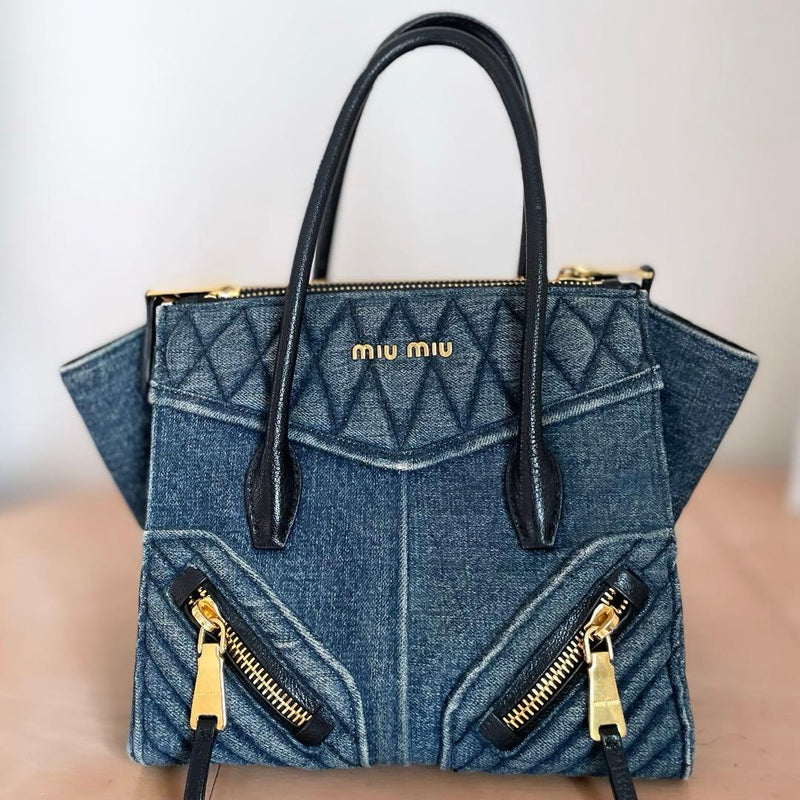 Miu Miu Denim Handbag Shoulder Bag Denim Blue Leather Strap