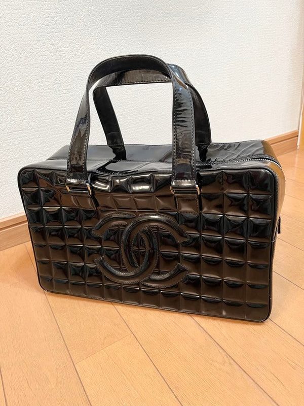 Chanel Coco Mark Choco Bar Boston Bag Enamel Black Handbag