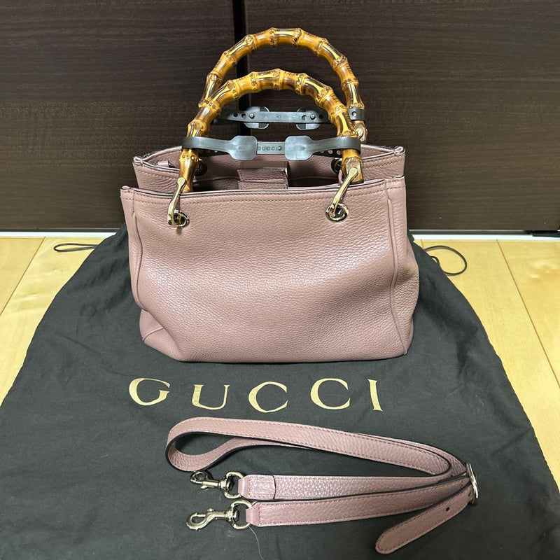 Gucci Bamboo 50th Anniversary Flora Print 2WAY Handbag Leather Pink Beige