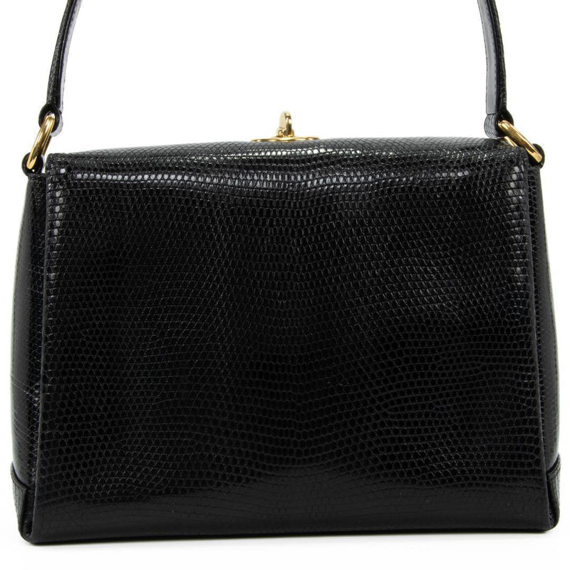 Gucci Old Gucci Handbag Lizard Leather Black Gg Logo Gold Hardware