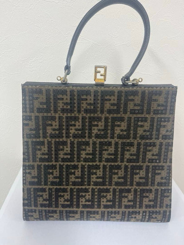 Fendi Logo Pattern Handbag Tote Bag Beige Black Gold Hardware