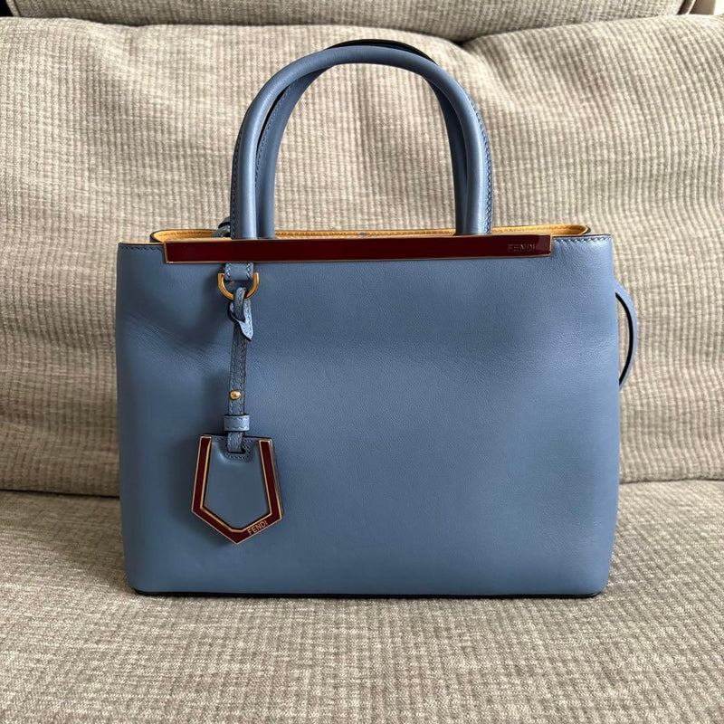 Fendi Petit 2Jours 2 Way Handbag Leather Blue Brown Shoulder Bag