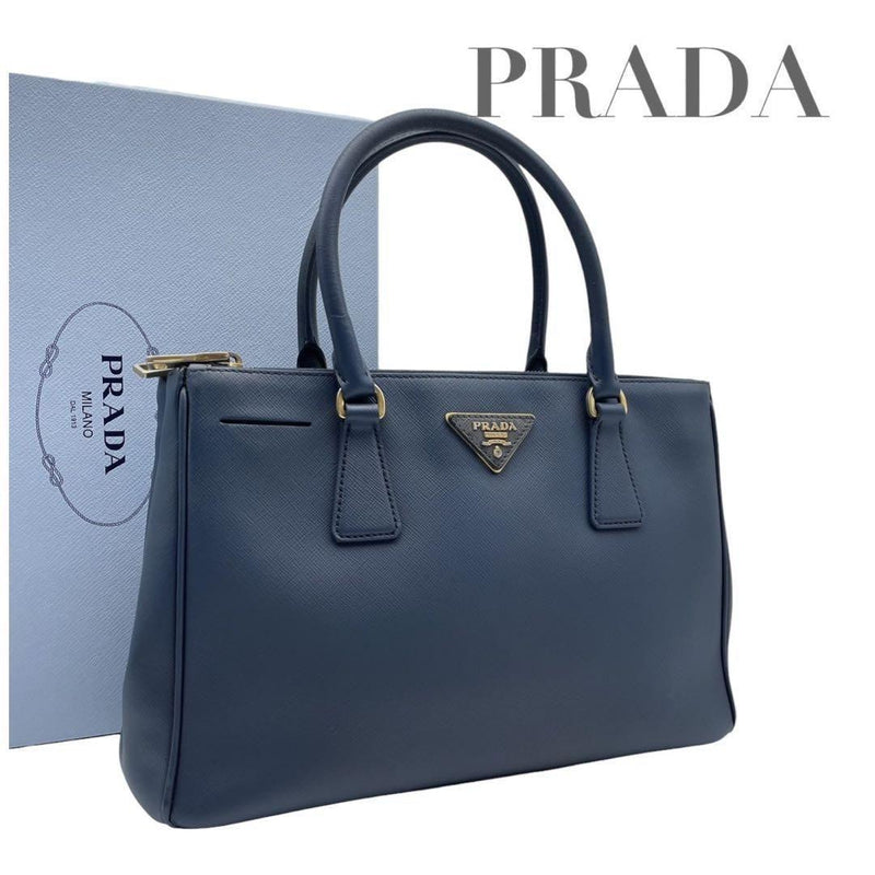 Prada Galleria Saffiano Triangle Plate Handbag Tote Bag Leather Navy