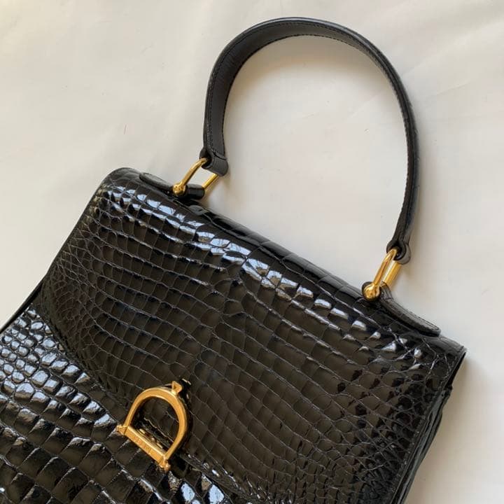 Celine Croc Embossed Patent Leather Handbag Tote Black