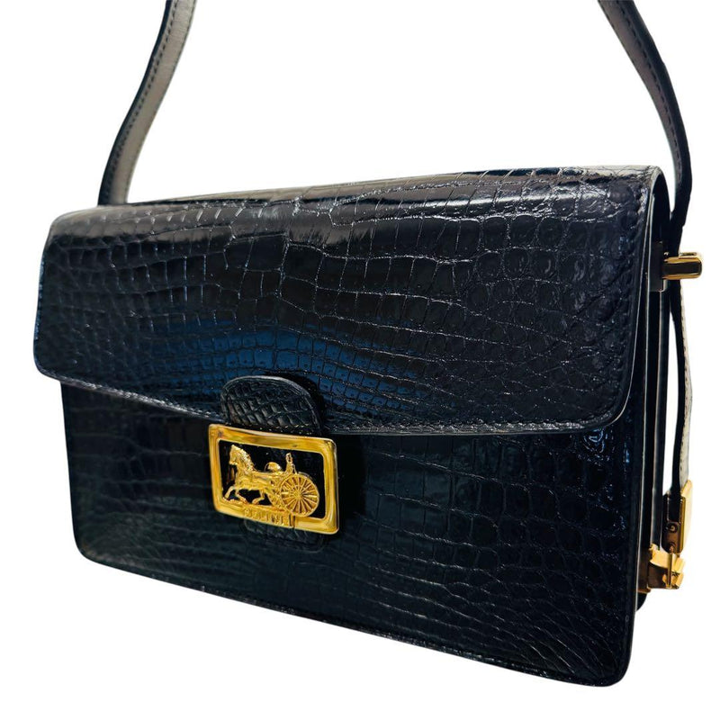 Celine Horse Carriage Shoulder Bag Crocodile Pattern Leather Black
