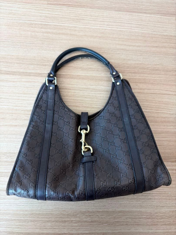 Gucci Gg Logo Pattern Handbag Shoulder Bag Leather Brown A4