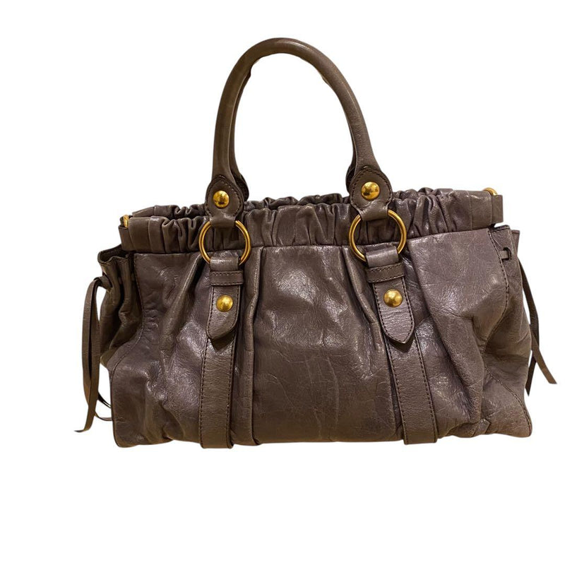 Miu Miu Gathered Tote Bag Handbag Leather Gray-brown Gold Hardware