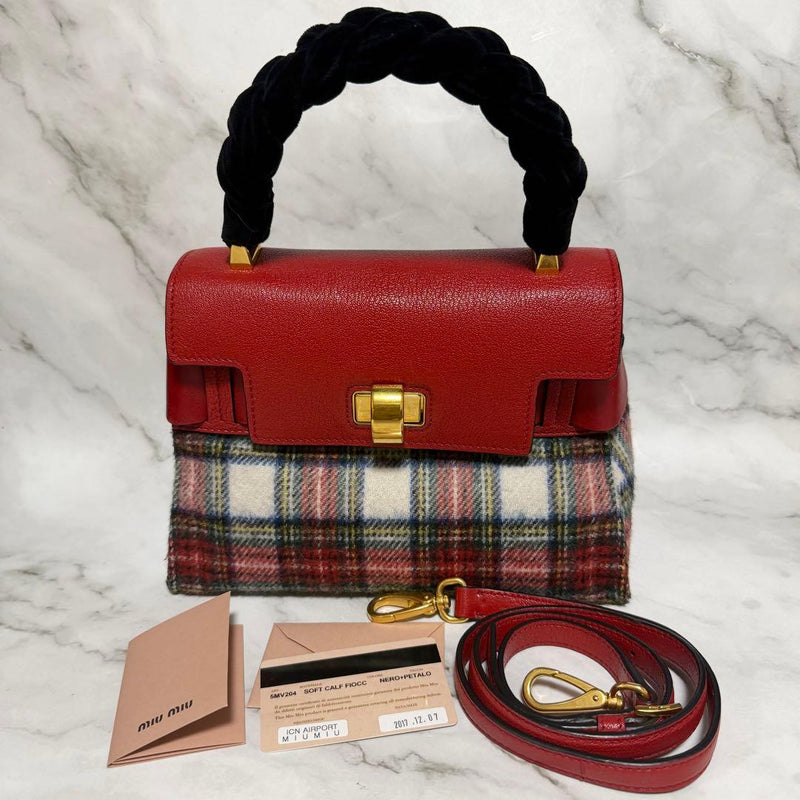 Miu Miu Checkered 2way Handbag Shoulder Bag Red Black Leather
