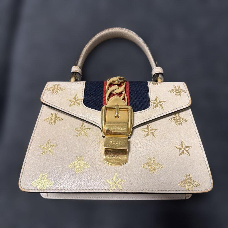 Gucci Star Pattern Handbag White Leather Gold-tone Hardware