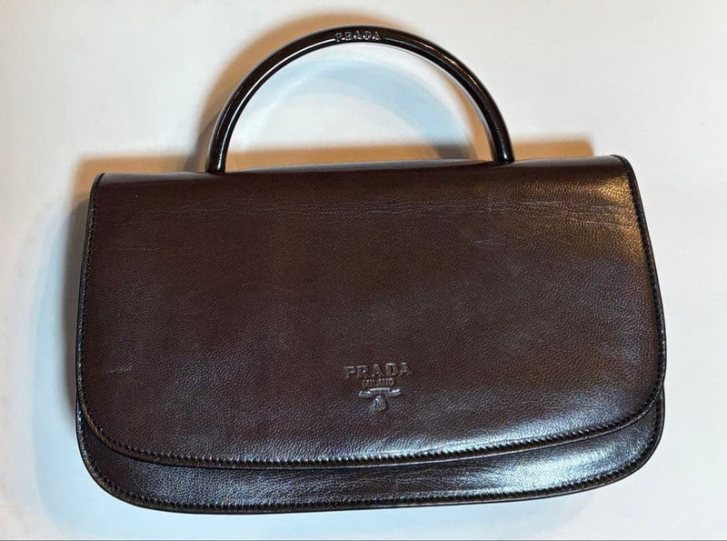 Prada Saffiano Leather Handbag Brown Tote Shoulder Bag Tortoiseshell Handle