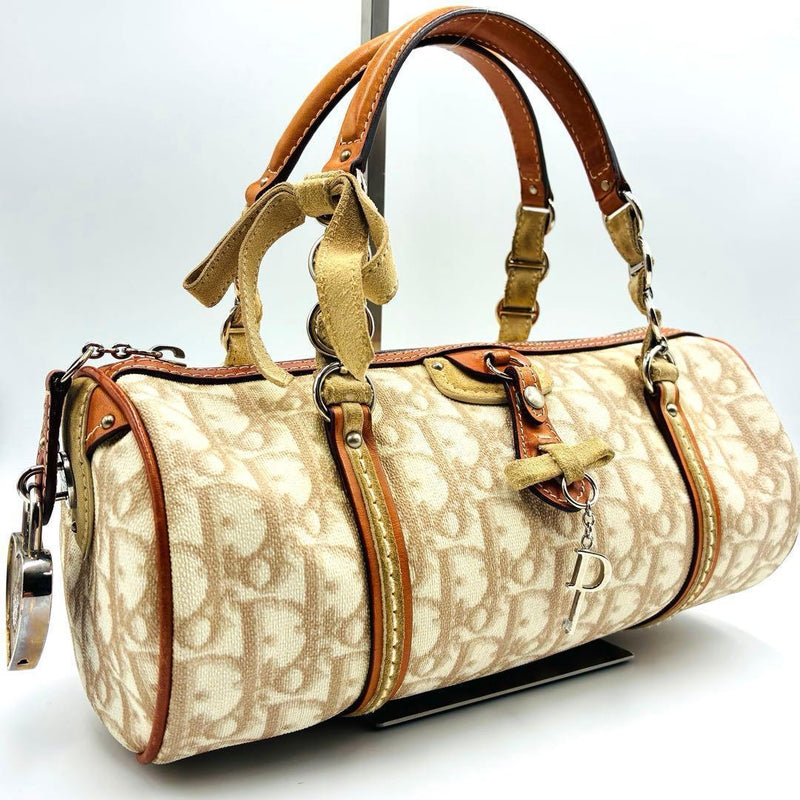 Christian Dior Trotter Mini Boston Bag Pvc Leather Beige Brown Handbag